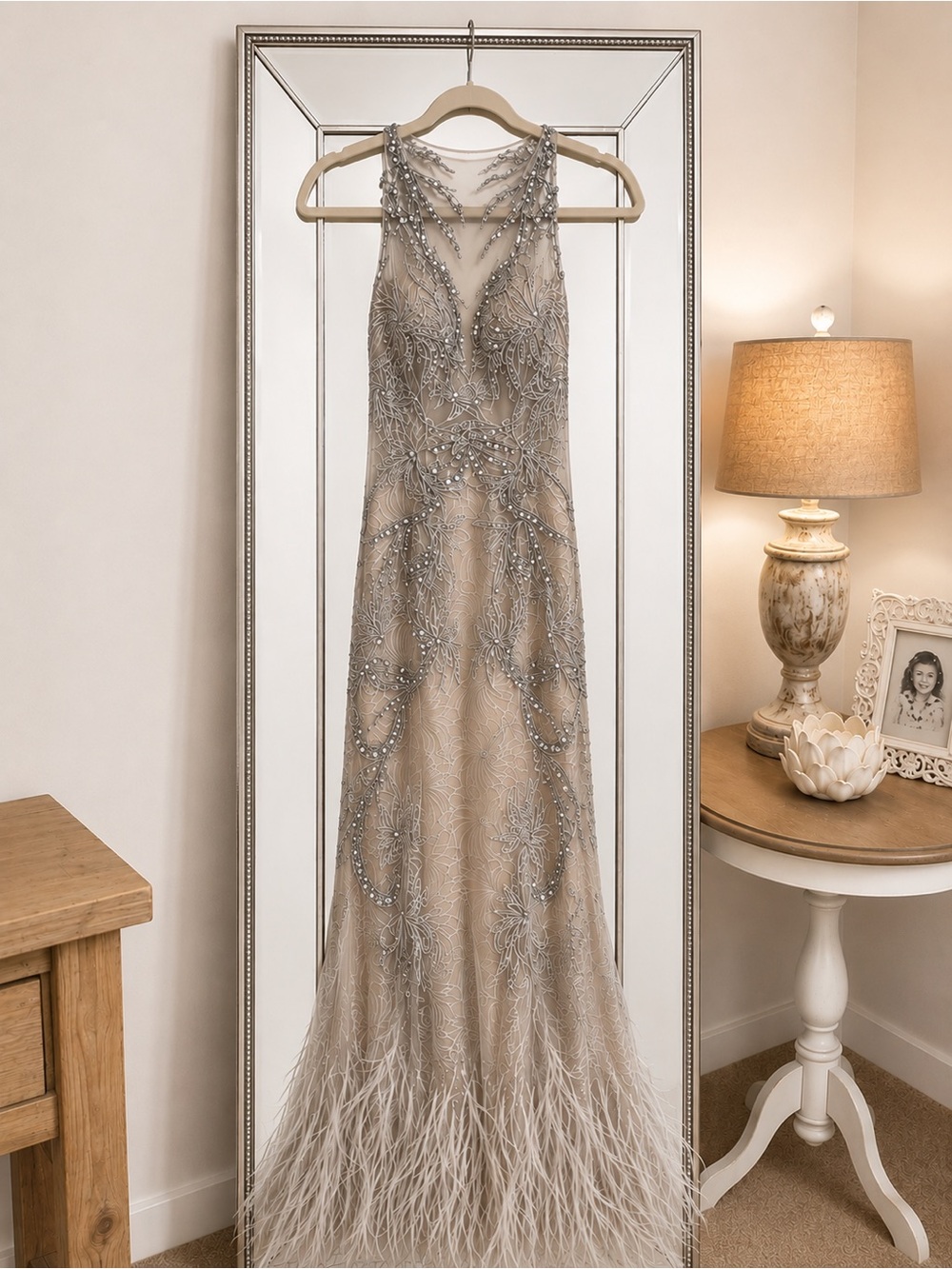 Camille La Vie Silver Lace Gown with Nude Lining